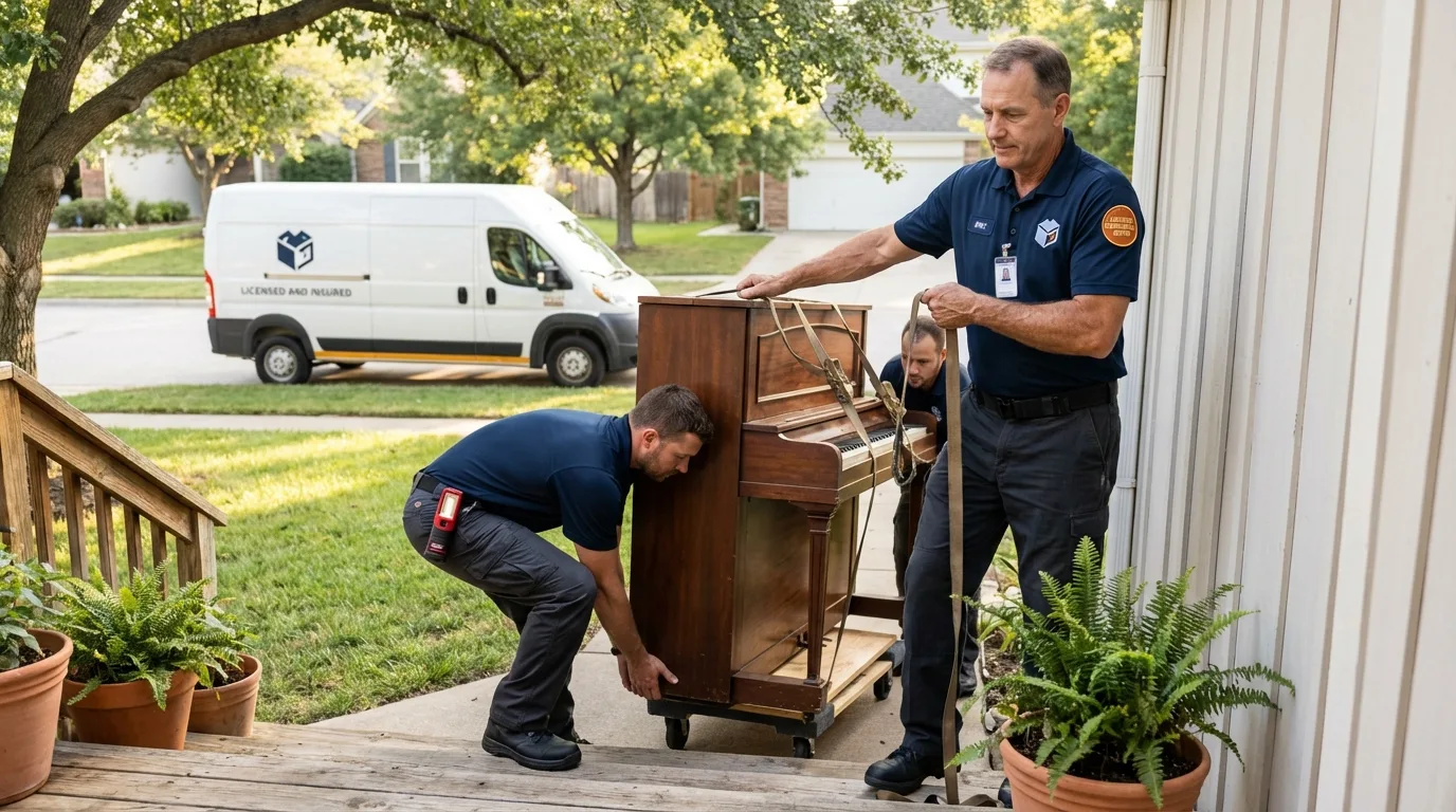 Licensed piano movers securing grand piano in Petersburg, AK