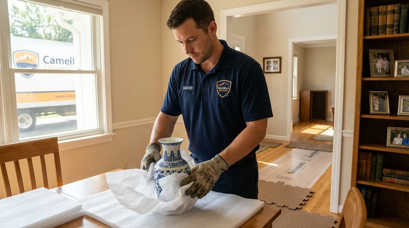 Professional crew carefully wrapping antique vase for senior downsizing move in Petersburg, AK